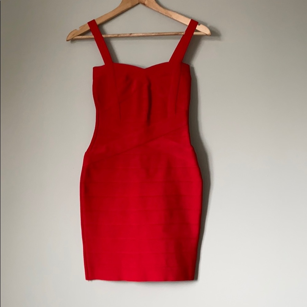 Herve Leger Red Bodycon Dress with Sweetheart Neck